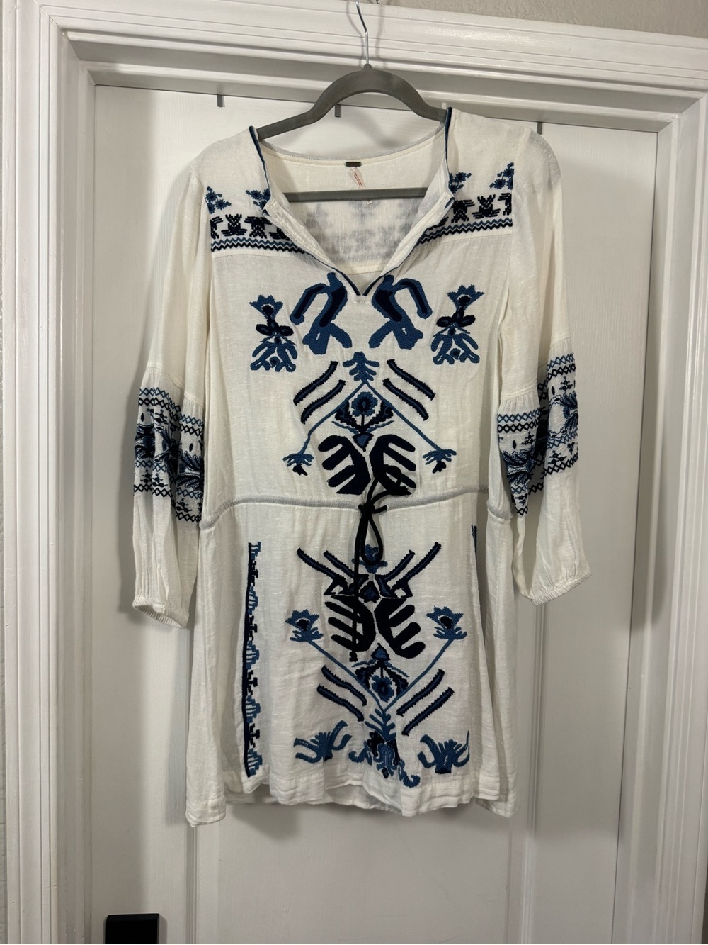 Free People White Knit Dress with Blue Embroidery